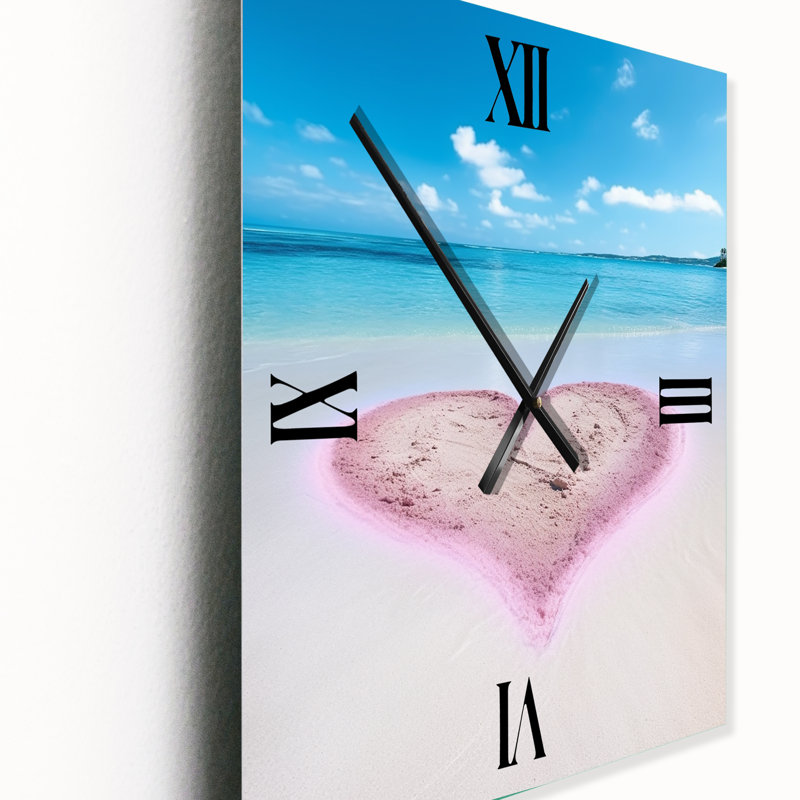 Glorious Pink Heart On Tropical Beach - Horloge murale moderne plage, Très grand