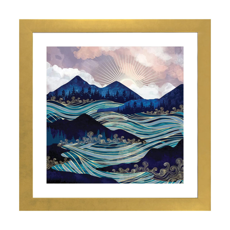 Ocean Sunrise - impression d'art graphique, H 16 po x l 16 po x P 1 po, Papier encadré doré, Blanc
