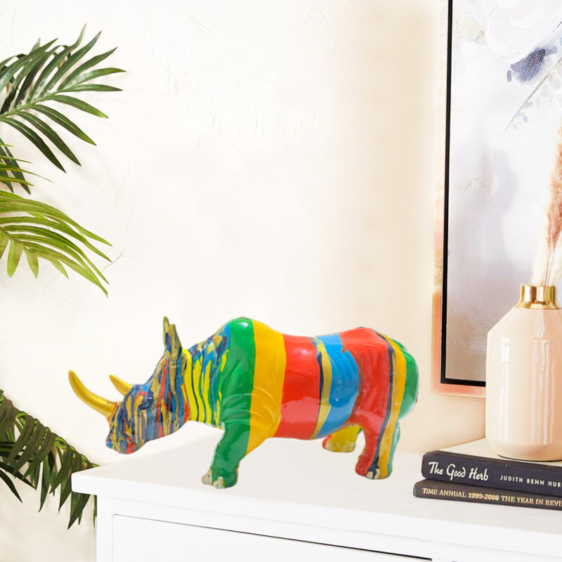 Multicolor Resin Rhinoceros Tabletop Statue for Home Decor