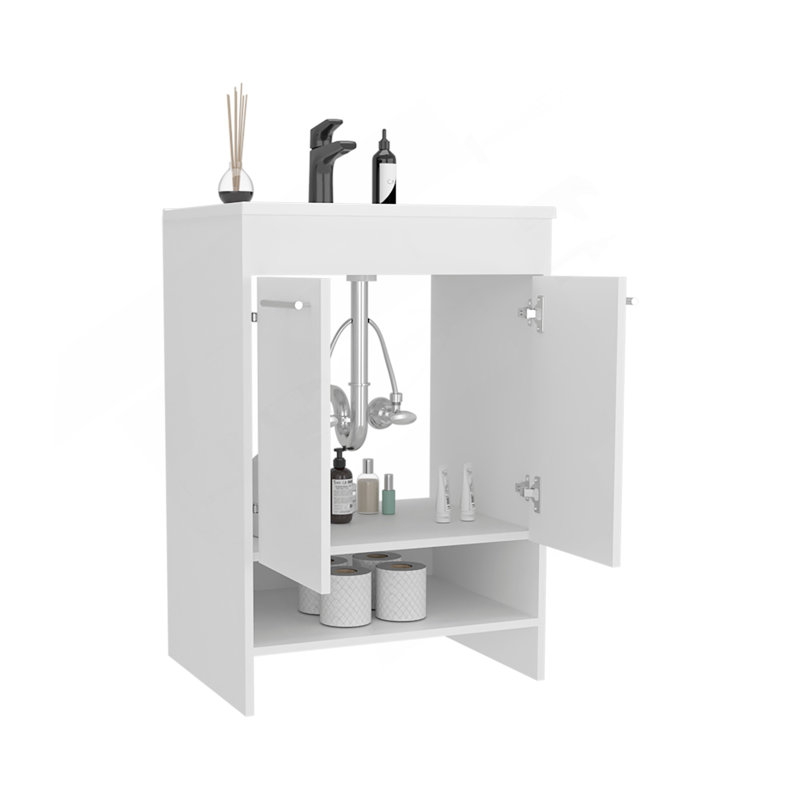 Meuble-lavabo Lorenzo avec quatre tiroirs et deux tablettes ouvertes, blanc, Blanc