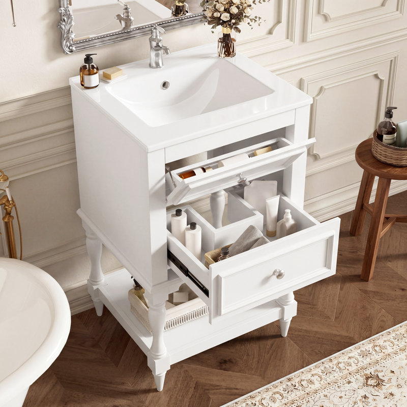 Meuble-lavabo rétro avec lavabo en céramique et tablette ouverte, idéal pour les salles de bain sophistiquées et fonctionnelles.