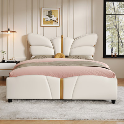 Upholstered Bed Frame with Butterfly Shaped Headboard and Footboard, Platform Bed Frame with Metal decorations