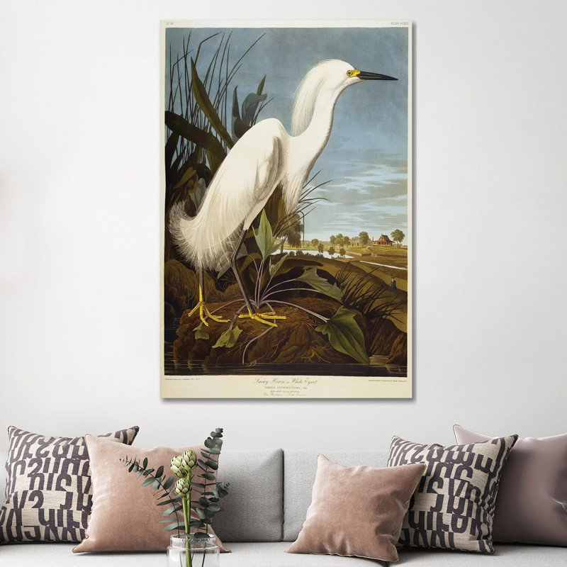 Héron enneigé ou aigrette blanche / aigrette enneigée - Giclée sur toile tendue avec châssis, H 60 po x l 40 po