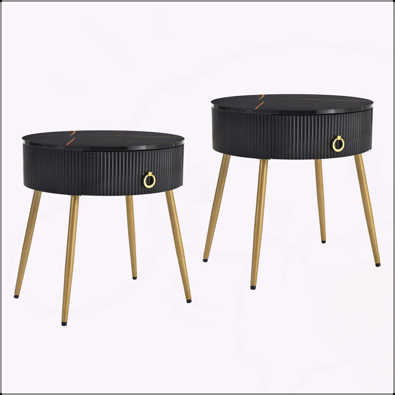 Ensemble de 2 tables de bout à assemblage cannelé avec tiroirs pour salon F19,6 po, Noir