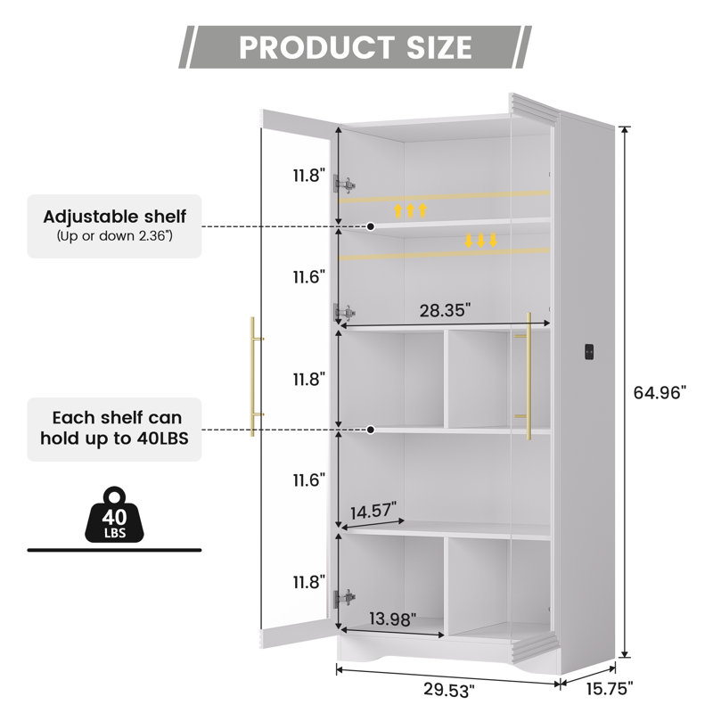 65"H Home Office Storage Cabinet with Glass Door, 5-Tier Display Cabinet With 3-Color Sensor Lights, White