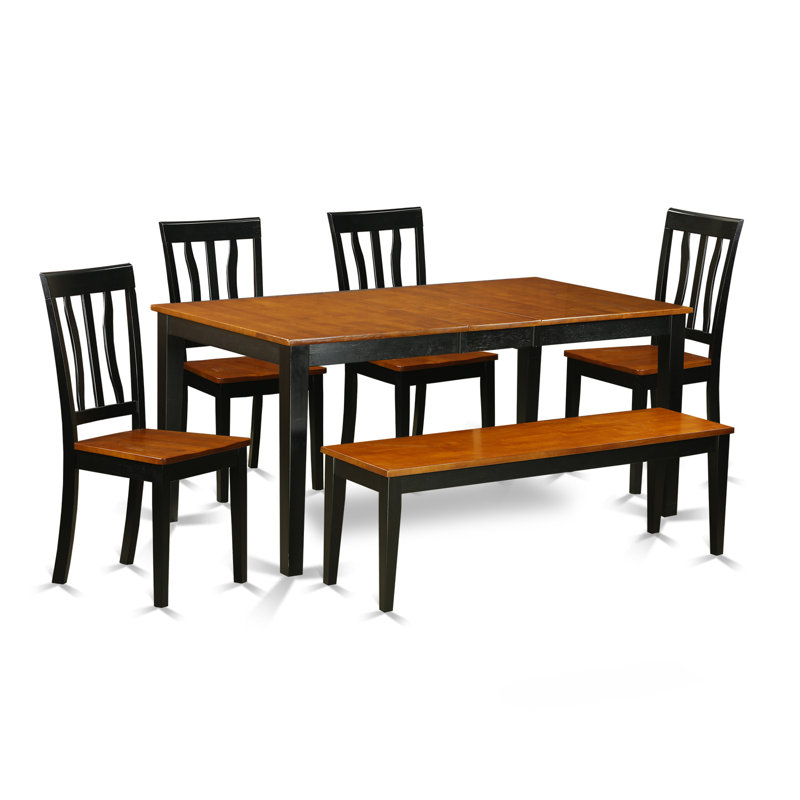 L'ensemble de table de salle à manger 6 pièces contient une table de salle à manger rectangulaire avec rallonge papillon et 4 chaises en bois avec banc, noir et cerise
