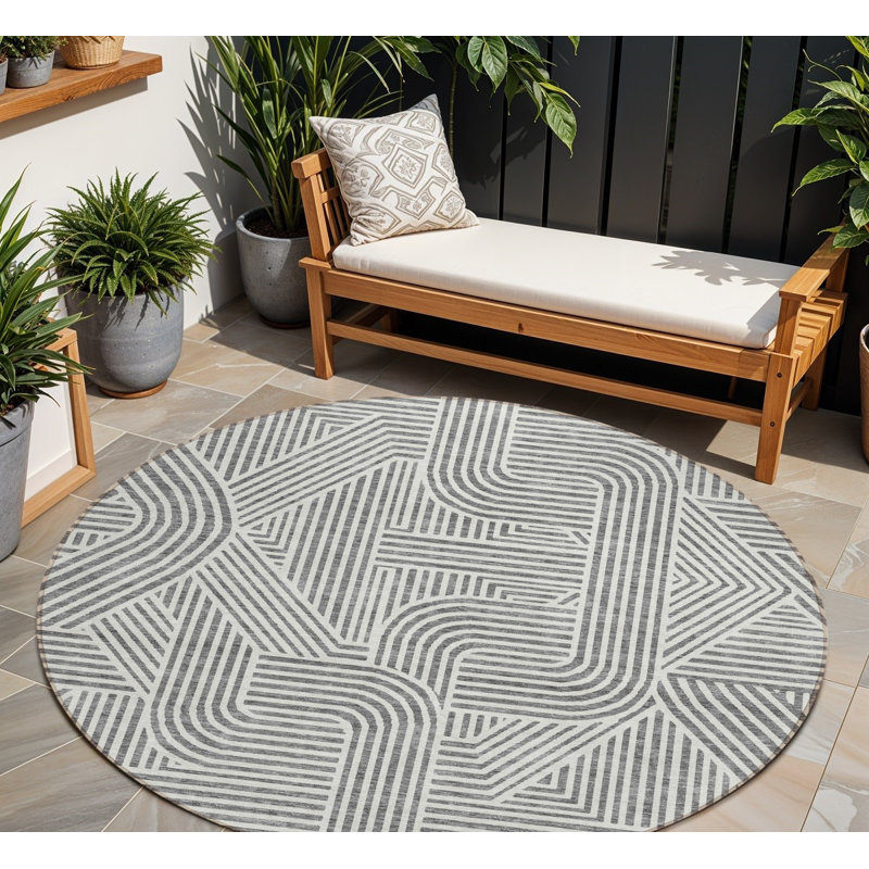 8' Grey Round Abstract Washable Indoor Outdoor Area Rug