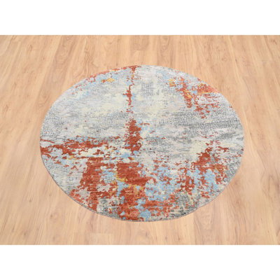 5'10"x5'10" Cream Abstract Design Wool And Silk Hand Knotted Round Rug A7569009B02A4B8C841622D2DA7CDE8D