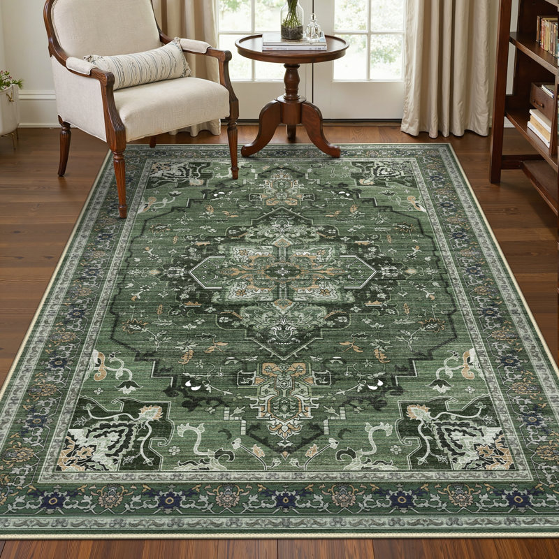 Oriental Area Rug, Vintage Low Pile Non-Slip Machine Washable Area Rug, Dark Green, Rectangle 160 x 230 cm