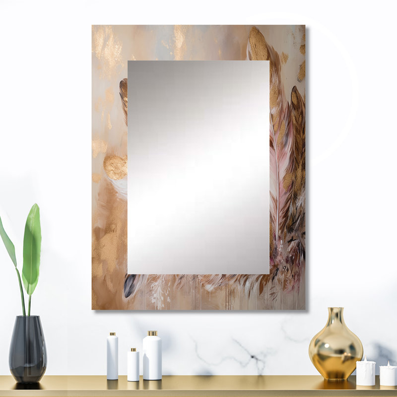 Plume dorée Boho Majesty - miroir de plumes Glam, miroir mural moderne unique, impression d'art en métal, 32 po x 24 po