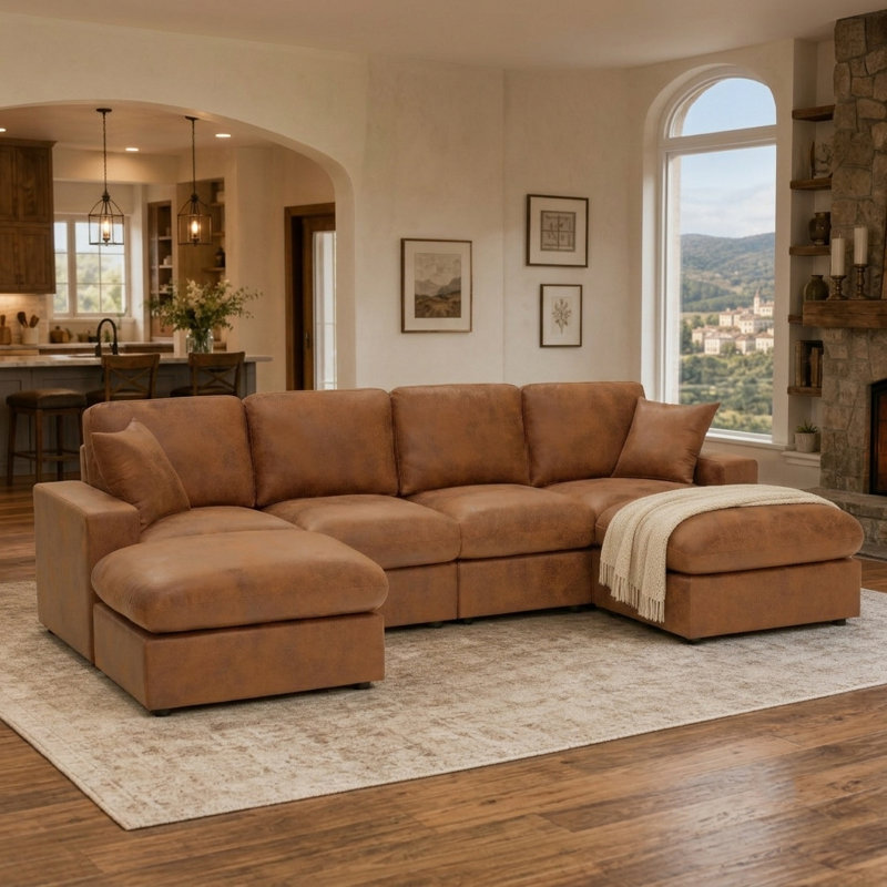 Canapé modulaire rembourré à chaud en tissu avec deux repose-pieds, Similicuir brun