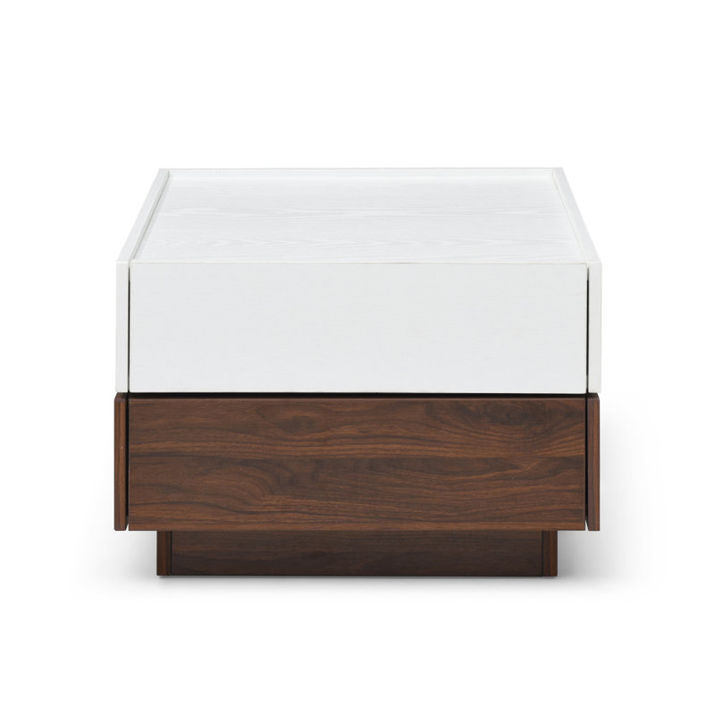 Table basse rotative à 2 tiroirs, table haute en bois à 2 niveaux avec rangement, table basse carrée avec plateau pivotant pour le salon (blanc et noyer)