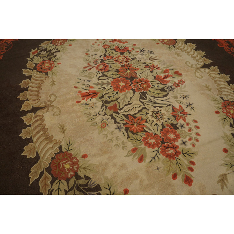 Large Room Size Ivory Center Antique European Influence Floral Patterned American Hooked Carpet