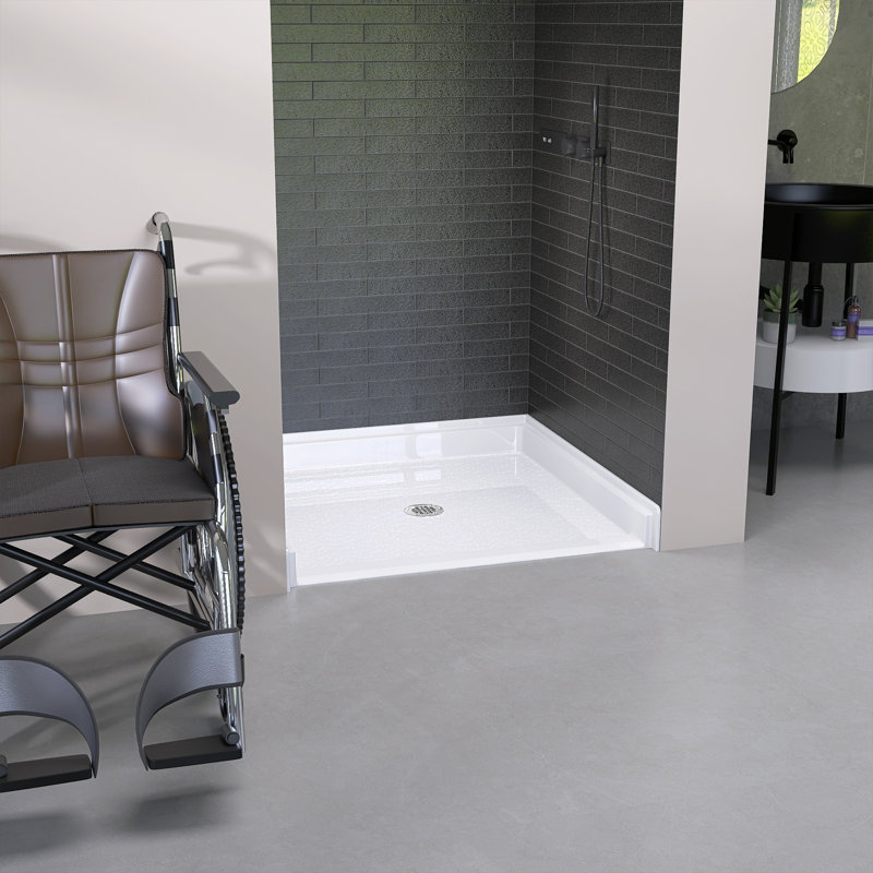 L 62 po x P 38 po ADA Base de douche en acrylique sans barrière rectangulaire blanche brillante avec bonde centrale