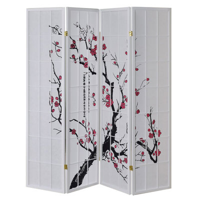 Sundas White 4 Panel Shoji Screen With Plum Blossom Prints by Winston Porter