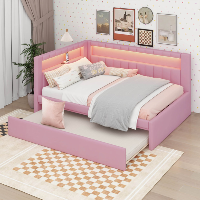 Full Size L-Shaped Daybed With Trundle, LED Lights, Pink