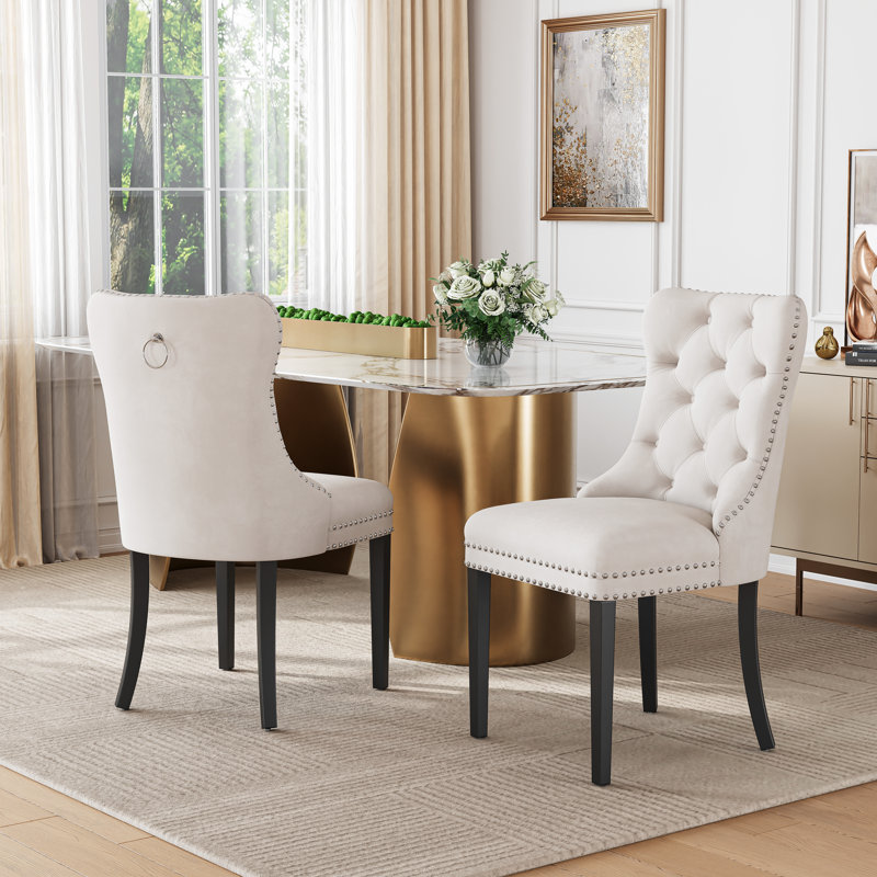 Velvet Dining Chair Set, High-End Tufted Upholstery With Nailhead Trim Back Pull Tab And Solid Wood Legs Dining Chairs 