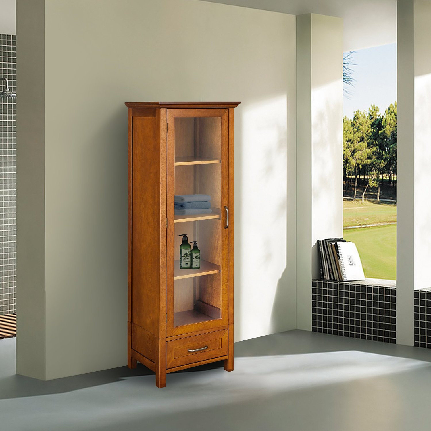 https://assets.wfcdn.com/im/46212695/compr-r85/2143/214385156/oak-finish-linen-tower-glass-door-bathroom-storage-cabinet-w-drawer.jpg