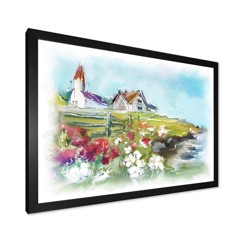Bâtiments blancs sur un pré vert coloré - peinture sur toile, H 13,5 po x l 21,5 po x P 1 po, Cadre noir