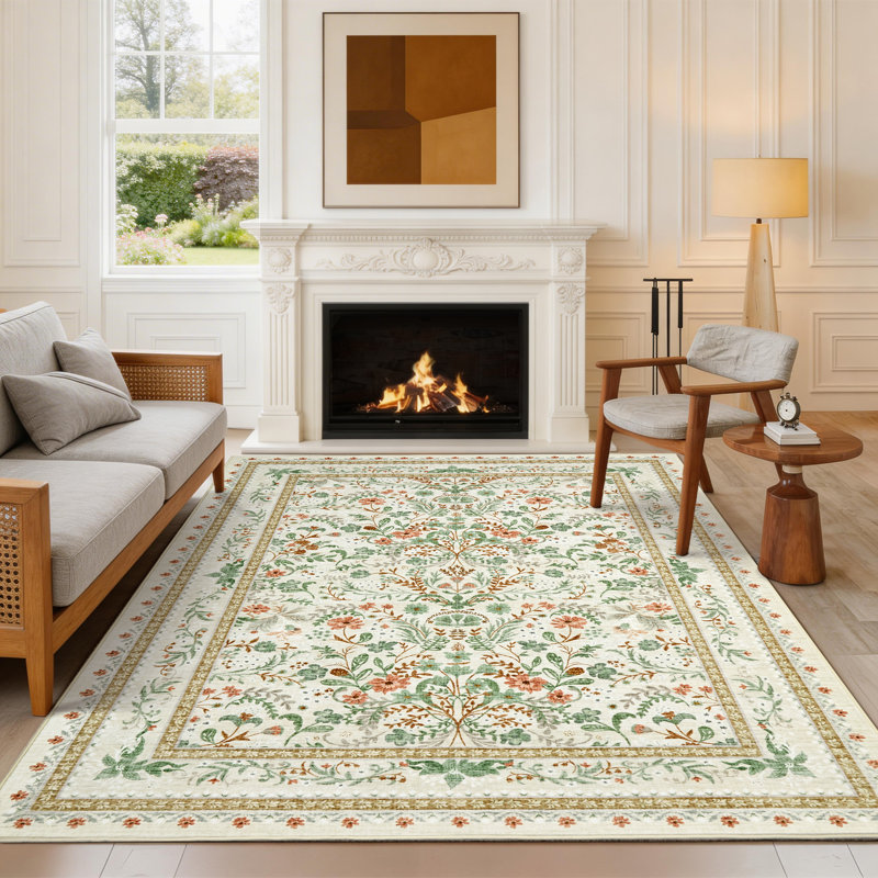 Tapis floral délavé et lavable rétro, Beige, 10*13