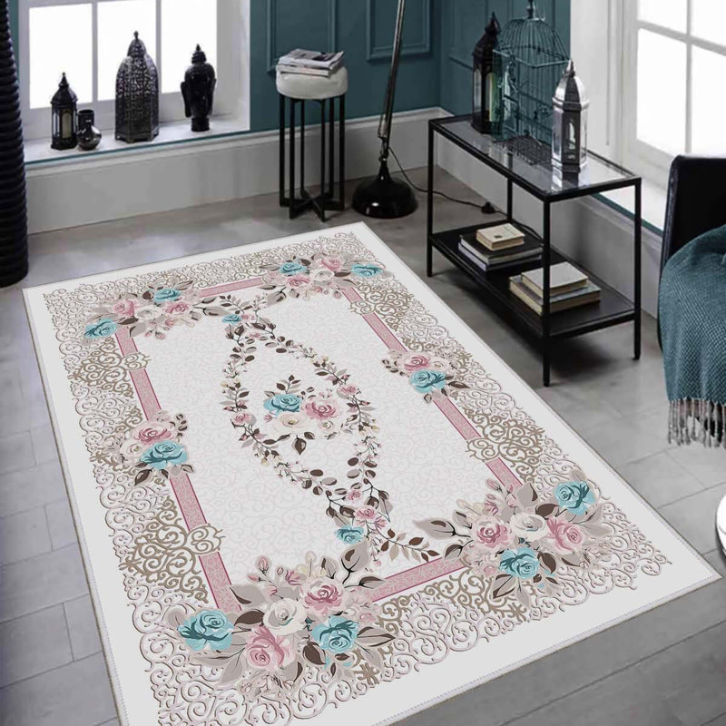 Tapis oriental rectangulaire en polyester tissé à la machine 3 pi 3 po x 6 pi 7 po vert / blanc / rose