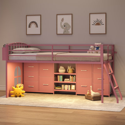 Kids Twin Loft Bed with LED lighting, 10 Drawers and 3 Open shelves