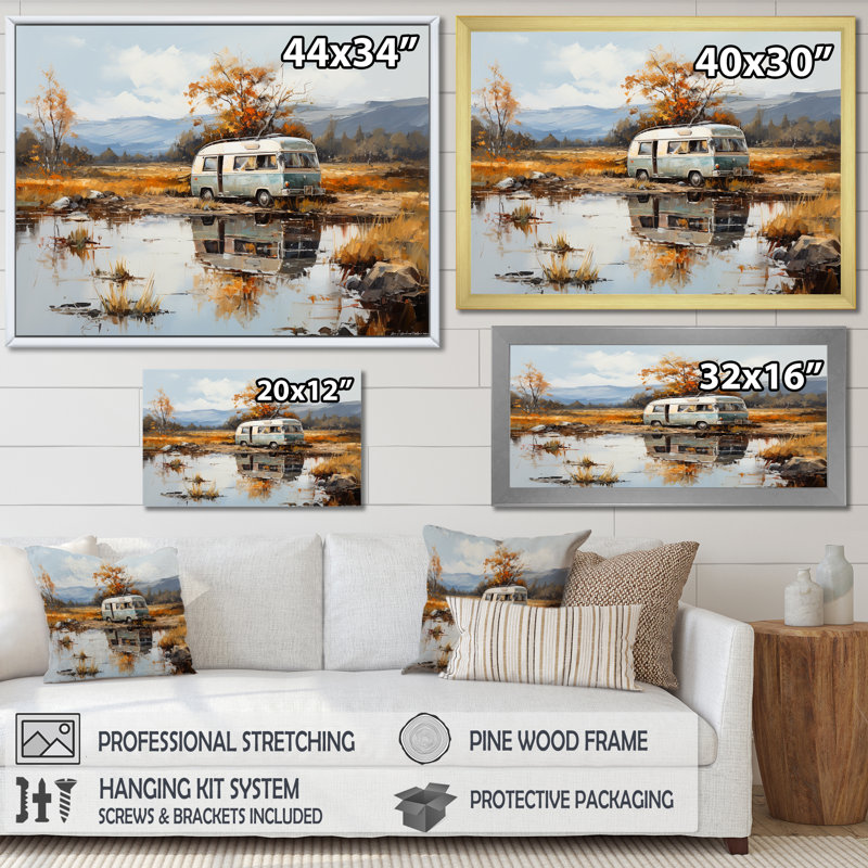 Charme de van de camping - Art mural de salon de camping, Cadre flottant doré, H 24 po x l 32 po x P 1 po