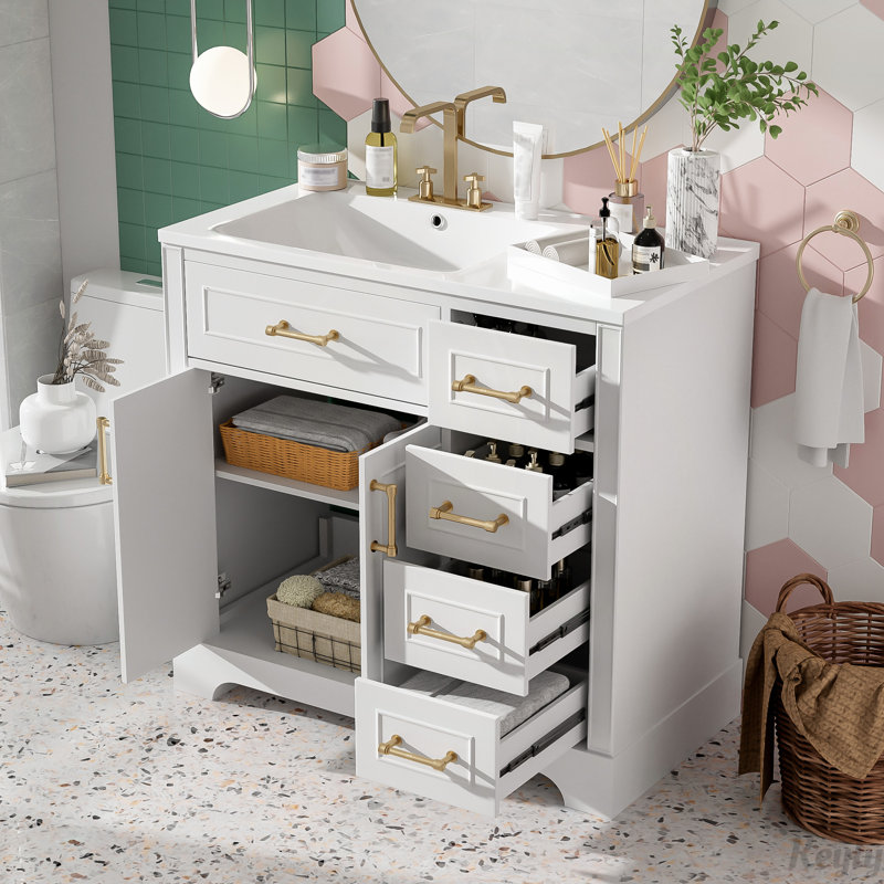Meuble-lavabo 36 po avec lavabo en céramique, 4 tiroirs à fermeture douce et durable