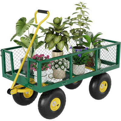 Chariot de jardin en acier robuste avec 10 pneus multi terrain et poignée pivotante à 180 °, 4 côtés grillagés amovibles, capacité de 900 lb de wagon utilitaire pour jardin