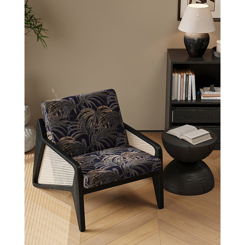 Fauteuil Mid-Century en rotin de bois massif, fauteuil d'appoint en tissu jacquard brun pour le salon