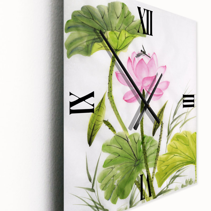 Horloge murale simple avec fleur de lotus et feuilles vertes, Grand