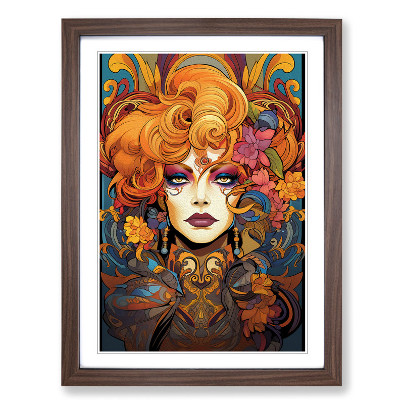 Drag Queen Nouveau - Single Picture Frame Print on Wood, 34" H x 25" W x 2" D, Walnut