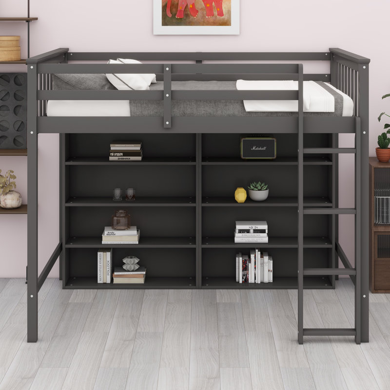 Loft Bed With Open Storage Shelves And Built-In Ladder
