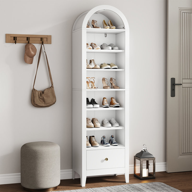71" 16 Pair Shoe Storage Cabinet With 1 Storage Drawer And 4 Adjustable Shelves for Living Room, White Wood
