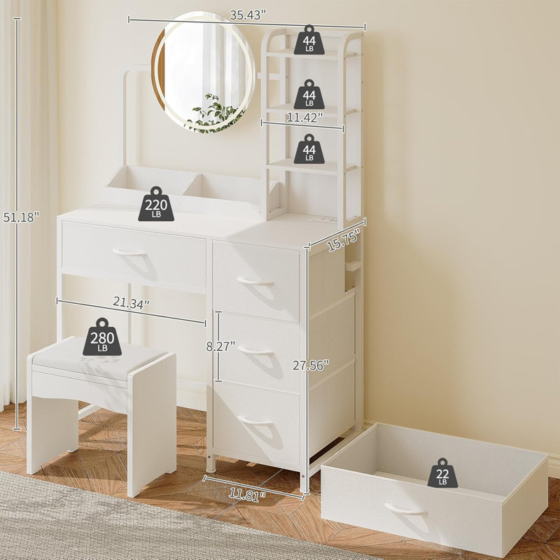 Bureau de coiffeuse avec miroir et lumières, coiffeuse en bois avec 4 tiroirs en tissu et éclairage à DEL réglable, bureau de coiffeuse avec miroir et lumières pour l'organisation de coiffeuse pour femmes