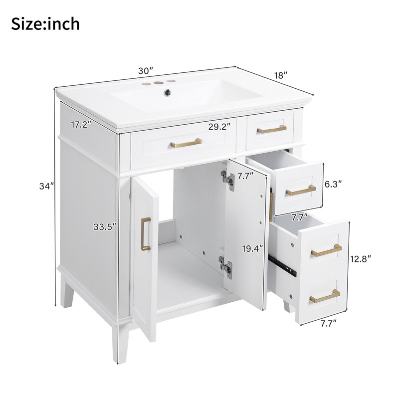 30" Modern Bathroom Vanity with Ceramic Sink, Compact Storage Cabinet with Soft-Close Doors & Drawers, Solid Wood Frame Vanity with Gold Zinc Alloy Handles