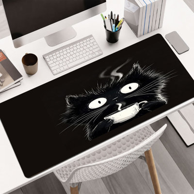JYK Mouse Pad, Smooth Microfiber Surface, Non-Slip Base, Rounded Edge Decorative Mouse Mat for Office & Gaming,12×32 Inch ,Black Cat Coffee Steam