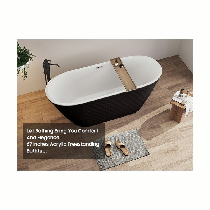 67'' acrylic freestanding bathtub with unique diamond pattern design: spacious oval shape, finish, brushed nickel overflow and pop-up drain CUPC Certificate