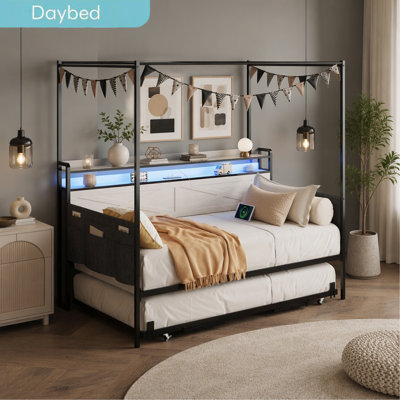 Twin Daybed With Trundle, Metal Trundle Bed Version, Sofa Bed Frame Reinforced By Heavy-Duty Metal Slats, Equipped With Guardrail-Style Enclosures,White