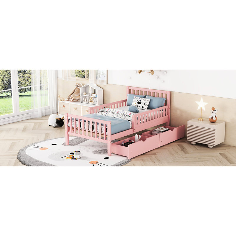 Lit plateforme simple en bois rose avec garde-corps et rangement sécuritaire, Lit simple, Rose