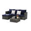 Canapé d'angle extérieur - Table basse amovible et tissu teinté - Mobilier de jardin 4 places, gris, coussins bleu foncé, structure