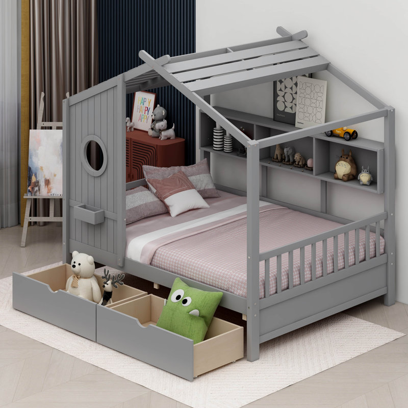 Vidoje Kids Bed with Storage Shelf, Gray, Full