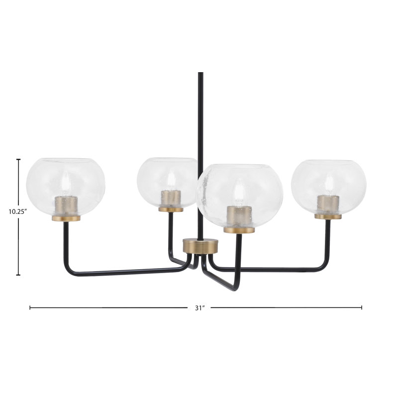 Lustre 4 lumières Amarmula, noir mat et laiton vieilli, verre à bulles transparent de 7 po, Noir/laiton