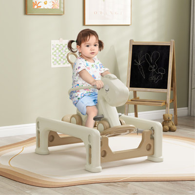 5 In 1 Rocking Horse For Toddlers Years 1-6,  Spring Ride On Horse Balance Bike With Detachable Balance Board, Push Handle & Footrest For Baby Boys And Girls, Cream White