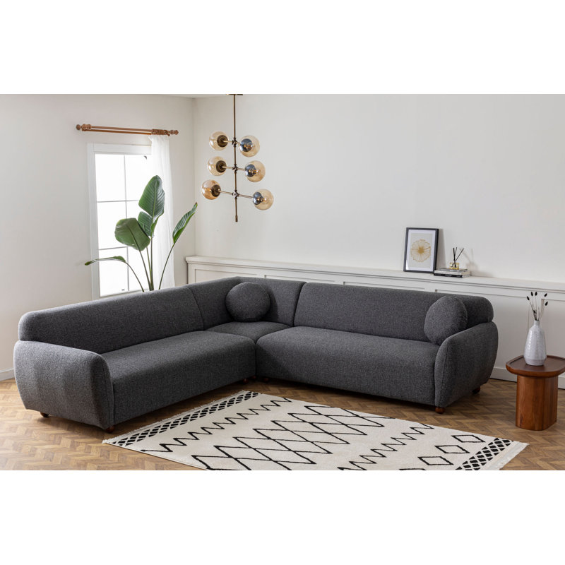 Stylish Corner Sofa with Beech Wood Frame & Walnut Legs, Dark Grey Fabric | 110.2 x 110.2 x 33.9 inches | 100% Polyester, 2 Dry-Cleanable Pillows Included | Premium Comfort: 8 cm Foam & 5 cm Feather Cushions for Cozy Seating