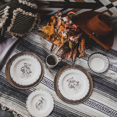 Ranch Life White/Black Melamine Plastic Western Rustic Farmhouse 14 Piece Dinnerware Set