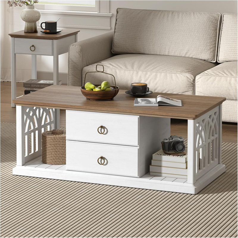 Coffee Table With Storage And Drawers,Rustic Rectangular Centre Table With Solid Wood Legs And Open Shelves,For Living Room,Office,Antique White