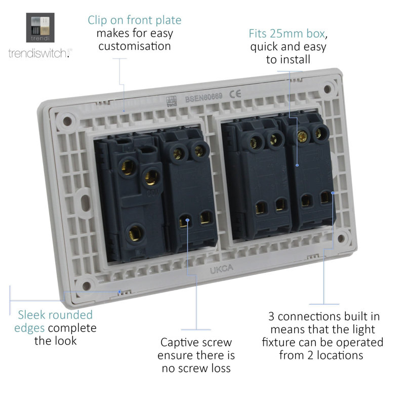 Trendi Switch 4 Gang Light Switch (1x 1 or 2 Way & 3 x Intermediate), Ice White
