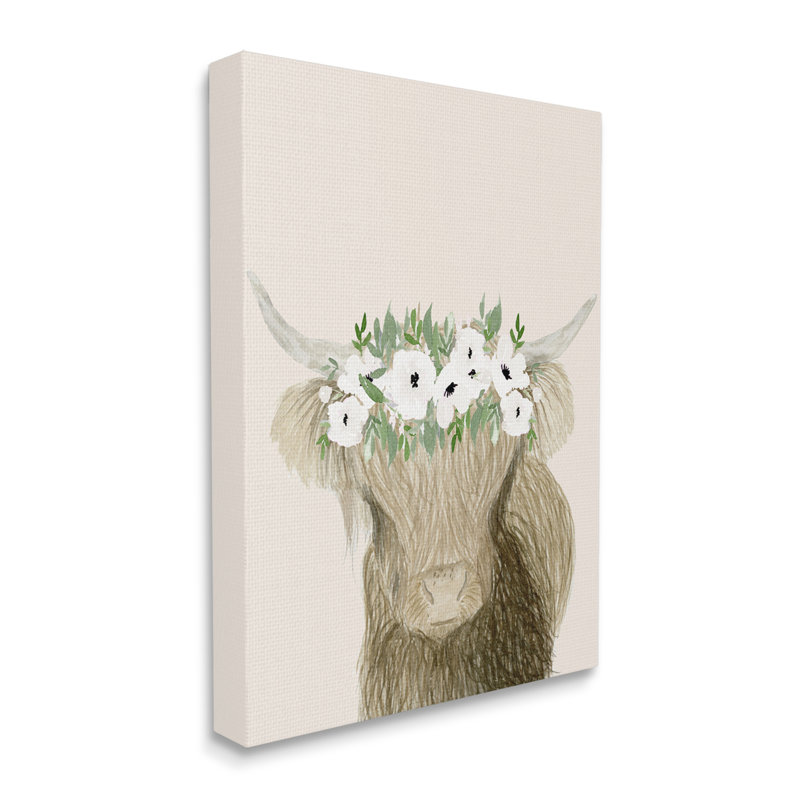 Highland bovins, portrait, coquelicot blanc, couronne florale, impression, H 40 po x l 30 po x P 1,5 po, Toile tendue