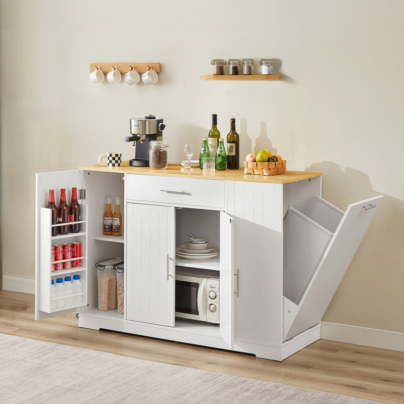 Îlot de cuisine moderne avec rangement pour poubelle, poste de travail multifonctionnel avec tiroirs et étagère à épices